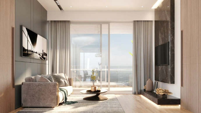 Modern living room with large window and ocean view